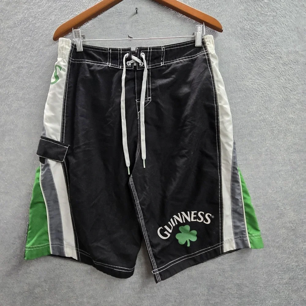 Guinness Men Shorts 32 Black‎ Cargo Colorblock Swimwear Shamrock Board Shorts